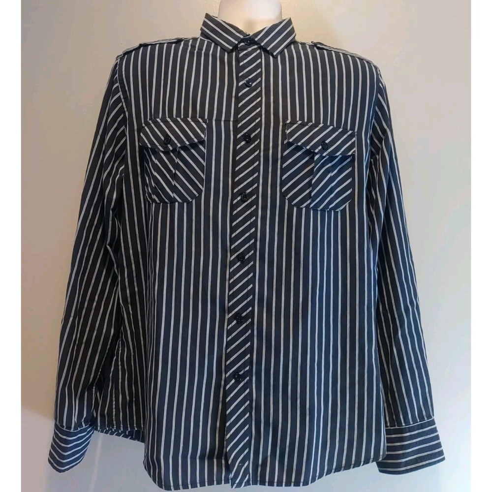 Akuma Men Black Grey‎ Stripe Pocket Collared Roll Tab Sleeves Shirt Size L